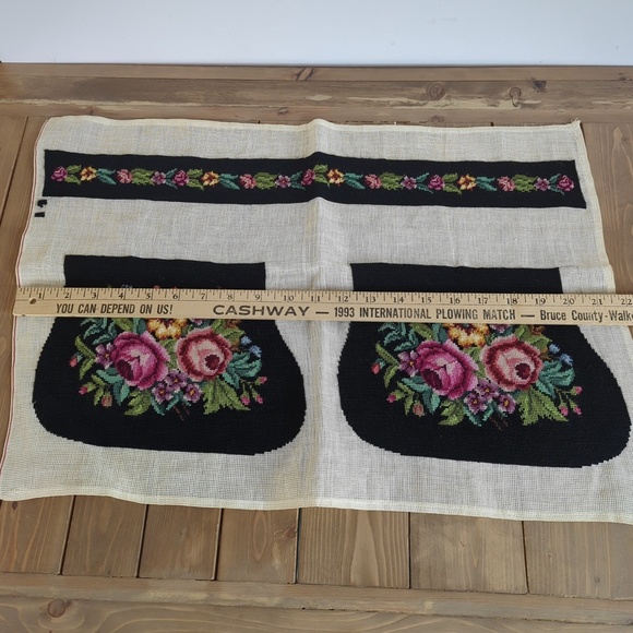 Vtg 50s 60s Needlepoint Embroidered Purse Bag Panels Floral Roses Black Linen - Picture 5 of 9